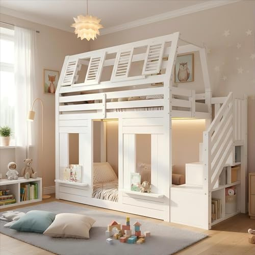 Su & Chan Legence Kids Bunk Beds, Loft Bed with Storage Stairs and LED Lighting, Wooden House Bed Frame with Open Underbed Space and Window Shape Design, No Mattress, 90 x 190cm, White