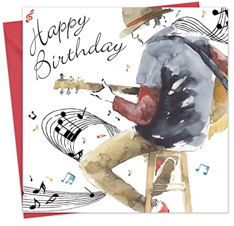 Twizler Happy Birthday Card for Him - Guitar Man with Watercolour Effect - Mens Music Birthday Card for Male Son Brother Boyfriend Friend