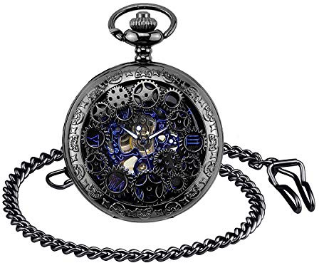 MICGIGI - Reloj de bolsillo mecánico unisex con cadena, estilo retro, estilo punk y esqueleto, negro, Estilo vintage