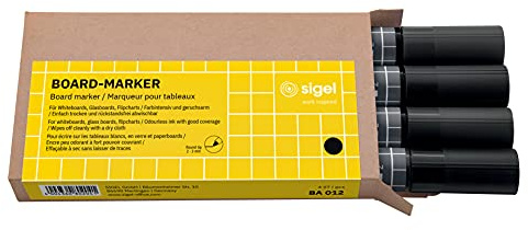 SIGEL BA012 Lot de 4 marqueurs pour tableaux en verre / tableaux blancs, effaçables, encre cap off, pointes ogives Ø 2-3 mm, noir