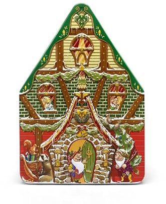 Wichtelhaus - Aufbewahrungsdose, Keksdose, Blechdose - verziertes und geprägtes Haus mit Wichteln und verschiedenen Tieren - lebensmittelecht - Vol. 2,5l - Maße: (L x B x H): 22,9 x 15,9 x 7,8cm