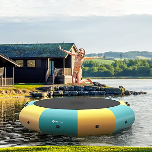 Goplus Inflatable Water Trampoline, 10FT/12FT/15FT Recreational Water Bouncer w/Electric Inflator, Rope Ladder, Mooring Ropes, Anchor, Adults Youth Bounce Swim Platform for Lakes, Pools