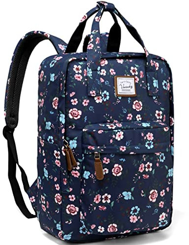 VASCHY Rucksack Damen, Schulrucksack Teenager Mädchen Groß Tagesrucksack mit 15,6 Zoll Laptopfach Reiserucksack Handgepäck Flugzeug für Business/Reisen,Dunkelblaue Blume