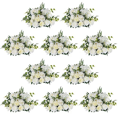 NUPTIO Large Flower Centerpieces for Tables: 17.7 inch Diameter White Artificial Flower Ball Arrangement 10 Pcs for Wedding Party Centerpiece - Fake Floral Rose for Bridal Shower Decorations