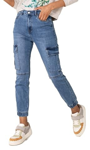 Nina Carter P219 - Jean cargo pour femme - Taille haute - Coupe décontractée - Bas de jambes élastiques - Look usé, Bleu (P219-5), S