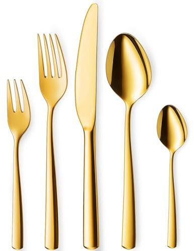 Targzier Goldenes Besteck Set 6 Personen, 30 teilig Besteck Set Gold aus Edelstahl, Glänzendes Goldenes Besteckset mit Messern, Gabeln und Löffeln, Besteck Spülmaschinenfest