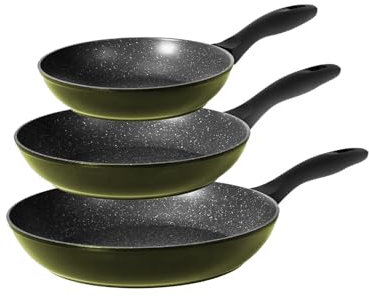 Avilia Set 3 Padelle Antiaderenti e Antigraffio con Manici Ergonomici - Batteria di Padelle per Cucina Senza Olio, Fondo Rettificato, in Alluminio 20-24-28cm, Made in Italy