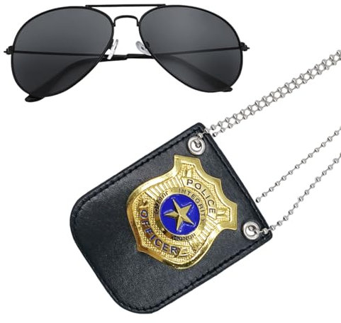 FUIPVGI 2 Piezas Accesorios Disfraz Policia, Disfraz de Policía, Placa de policía, Gafas de Sol Policía Juguete Kit para Niños Halloween Fiesta Carnaval Juego de Roles Accesorios(Oro)
