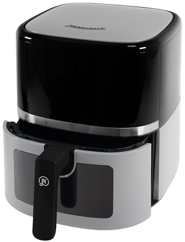 REMOSKA Vento R301001 varmluftsfritös 5,5 l för 4 personer, 360° varmluftsström, 8 program, LCD, tyst drift endast 48,9 dB – matövervakningsfönster, non-stick galler, 1 350 W