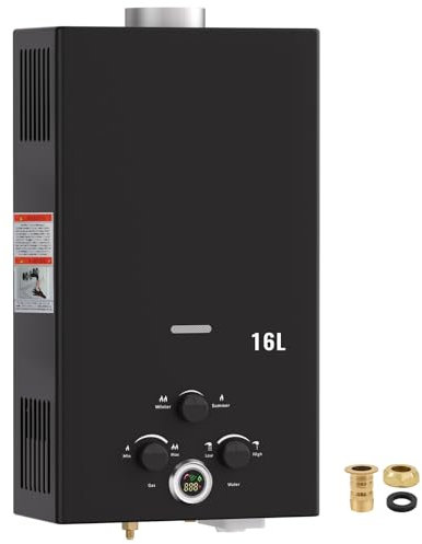 VELPAX Chauffe-eau à gaz, chauffe-eau instantané extérieur, chauffe-eau de camping de 16 L avec affichage numérique et multi-protection pour douche intérieure, kitchenette, buanderie, cour, spectacle