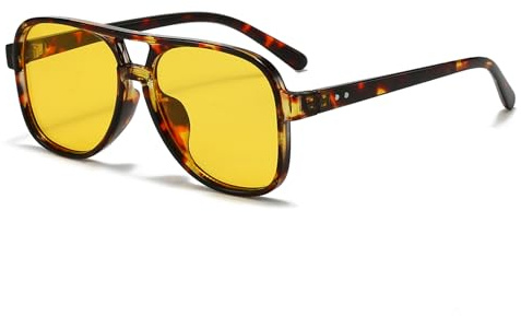 Long Keeper Retro Lunettes de Soleil Pilote Femme Homme Lunette de Soleil Grande Carrés Années 70 Lunettes Double Pont Pilote Vintage Protection UV400, 58mm (Léopard Monture - Jaune Lentilles)