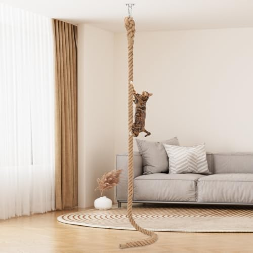 2 x 9.84Ft Cat Climbing Rope with Hook, Natural Cat Climbing Jute Rope for Ceiling and Wall Mounted, Durable Sisal Ropes for Indoor and Outdoor Cats Scratching Playing