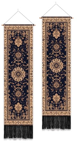 PLIGREAT 2 Pack Retro Wall Hangings, Boho Floral Tapestry with Tassels Vertical Aesthetic Wall Tapestry for Bedroom Living Room Home Decor Long Narrow Art Tapestries, 52 x 13/130 x 33cm