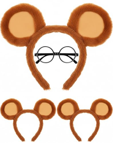 Set d’accessoires de déguisement 4 PCS – 3 bandeaux oreilles de chipmunk en peluche et lunettes rondes, serre-tête animal enfants adultes pour cosplay, fête, carnaval, Halloween ou maquillage amusant