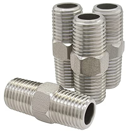 Hooshing 1/4 NPT Male to Male Stainless Steel Hex Nipple, 4 Pack