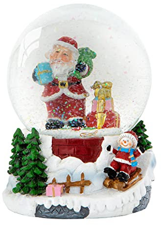 Celebright Christmas Musical Snow Globe - Plays 8 Songs Including Jingle Bells & Lights Up with Changing LED Colours - Large 14cm (Santa & Child Sledging)