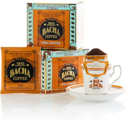 Bacha Coffee | 1910 Arômes Délicats, Grains 100% Arabica, Torréfaction Medium, x12 sachets de café individuels avec filtre