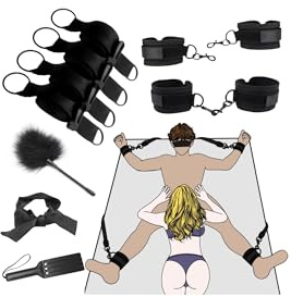 Sex Bed Bondage Kits BDSM Straps Restraints Sex Tie Downs for Adults Couples Sets Sex Toys with Handcuffs Sex Straps Cuffs Blindfold & Feather Tickler, Paddle