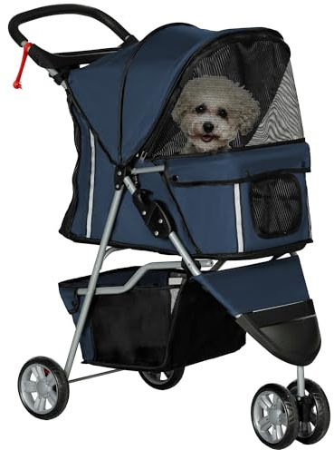 PawHut Poussette Buggy Pliable Animaux, Chariot Pliant Chien Chat, Porte-Gobelet Panier de Rangement Inclus, Roues Avec Frein, Tissu 600D Oxford acier, 75 x 45 x 97 cm Bleu Foncé