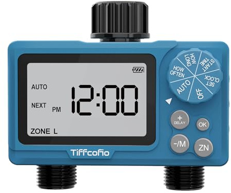 TiFFCOFiO Sprinkler Timer Outdoor, Digital Pogrammable for Garden Hose, Irrigrtion Timer with Rain Delay and Manual Mode (2 Oulets, 1 Pack)