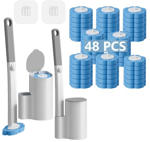 Ucaimao 2 Pack Disposable Toilet Brush and Holder Set,Extended Handle with 48 Cleaner Refills Toilet Brush for Toilet Bowl Cleaners,Bathroom Cleaning, Bathtub - Blue (Ocean Fresh Scent)