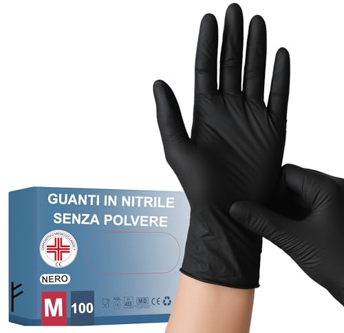Medical 100 Guanti NITRILE MONOUSO Resistenti senza polvere Dispositivo Medico ipoallergenici senza lattice | Medici Chef Estetisti Tatuatori Uso Alimentare | Varie Taglie Disponibili (Nero, M)