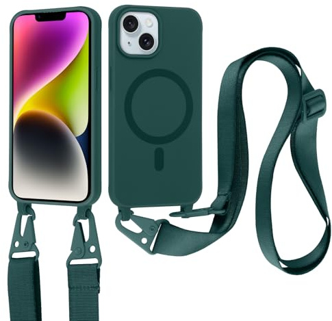 Jrkvniv Coque Magnétique pour iPhone 14/iPhone 13 avec Cordon, Compatible with MagSafe, Silicone Housse avec Lanyard Réglable Portable, Antichoc Bandoulière Lanière Case pour iPhone 14/13 6,1, Vert