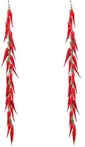 Tuxiaobu Paquete de 2 cuerdas de pimiento rojo artificial, verduras artificiales realistas, decoraciones de chiles secos falsos, vides vegetales colgantes para decoración de cocina, accesorios de