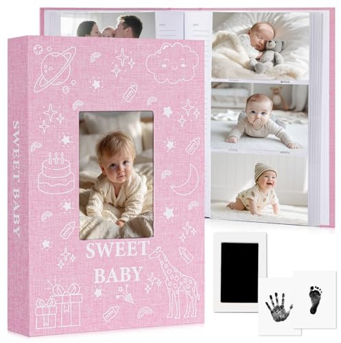 EARLY MINDS Baby-Fotoalbum 10x15 300 Taschen, Leinen-Hardcover Einsteckalbum mit Frontfenster, Memo-Bereich, Hand- und Fußabdruck-Kit, säurefreies Erinnerungsbuch für neugeborene Jungen und Mädchen