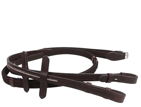 JA Horse JA3001 - Riendas de piel con adornos de cristal – Riendas de cuero de alta calidad para doma, saltar y tiempo libre (marrón, sangre completa/caliente)
