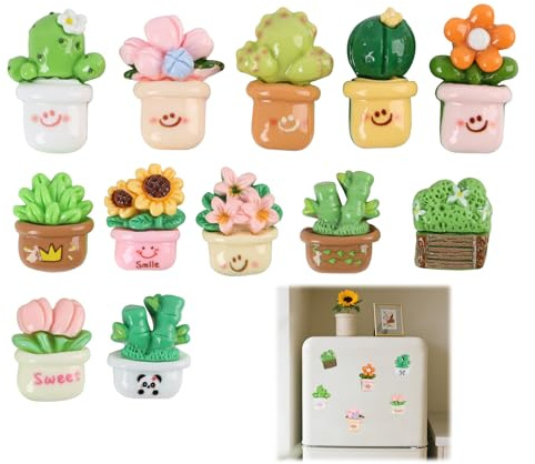 LUCTHY 12 Pcs Resin Fridge Magnets, Small Whiteboard Magnets | 12 cute refrigerator magnets, 2x2cm, potted plant design. For notice board, cupboard. No marks left