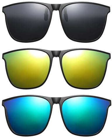 DAVBNM 3 Pairs Polarized Clip On Sunglasses, Stylish and Functional Clip-On Sunglasses for Men Women, Polarised Flip-Up Clip On Sunglasse Over Prescription Glasses Perfect for Sunny Days Outdoors