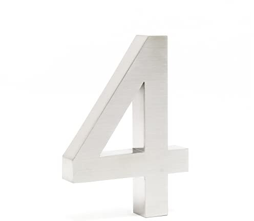 Wiltec Hausnummer 4 silberfarbene Edelstahl Hausnummer in modernem 3D-Design, Höhe 20 cm, Schrift Arial, rostfrei und witterungsbeständig, mit Montagematerial