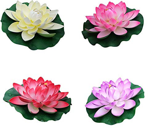 Flikool 28cm Künstliche Lotus Blumen Schwimmende Seerosen Eva Schaum Nymphaea Künstliche Pflanzen Teichpflanzen Lilien Kunstpflanzen Wasserlilie Lotusblüte Kunstblumen für Dekor 4pcs - Mix