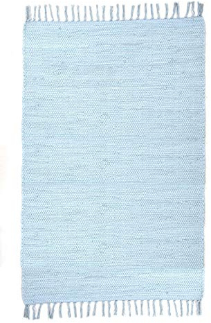 Theko | Dhurry Teppich aus 100% Baumwolle Flachgewebe Teppich Happy Cotton | handgewebt | Farbe: Hellblau | 160x230 cm