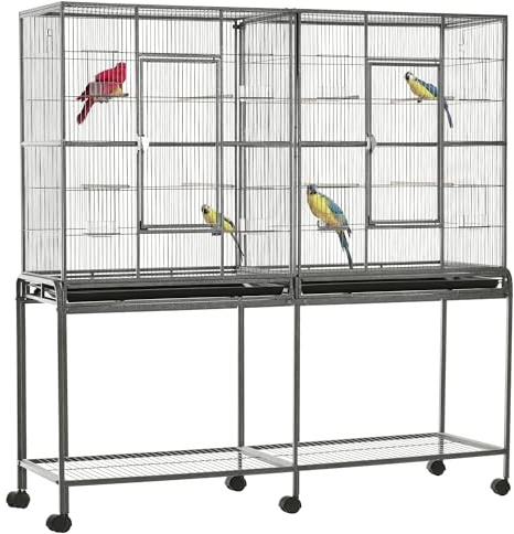PawHut 65 Double Rolling Metal Bird Cage with Divider, Large Parrot Cage for Parakeet, Canaries, Lovebirds, Budgie, Finch, with Detachable Rolling Stand, Storage Shelf, Wood Perch & Food Container