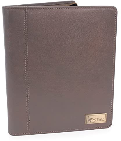 Catwalk Collection Handbags - Damen A5 Leder Notizbuchtasche - Schreibmappe mit Reißverschluss - Passend für Tablet und Notizbuch - ANGELA - Grau