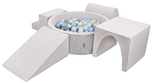 KiddyMoon skumlekplats för barn med runt bollhav, (200 bollar) hinderbana, ljusgrå: pärlfärg/grå/genomskinlig/babyblå/mint
