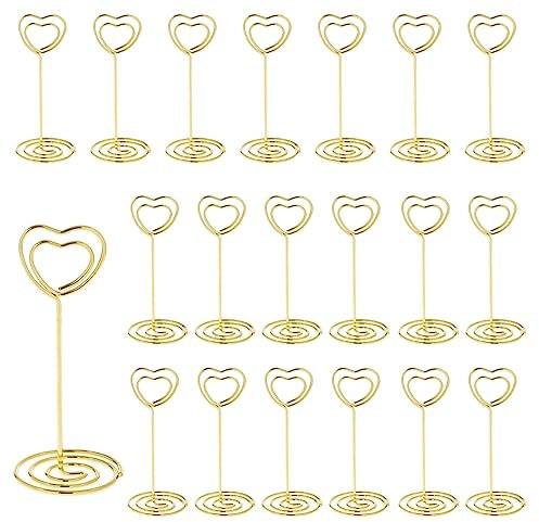 Lahviuu Tischkartenhalter, 20 Stück Herz Kartenhalter Menükartenhalter Fotohalter aus Metall Platzkartenhalter Clip Memohalter Tisch Nummer Halter, für Hochzeit Party Büro Restaurant, Gold 35x85mm