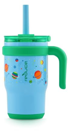 REDUCE Coldee Kids Trinkbecher mit Deckel und Strohhalm, isolierter Reisebecher, auslaufsicher, schweißfester Edelstahl, BPA-frei, inklusive Griff, wiederverwendbarem Silikon-Trinkhalm, 400 ml