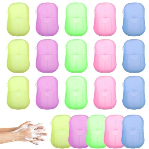 Scettar 20 Boxen Reisen SeifenbläTter(400 Blätter Tragbare Seifenblätter, Tragbare Seifenflocken, Einweg Seife für unterwegs für Wanderungen und Trekkingtouren im Freien(5 Farben)