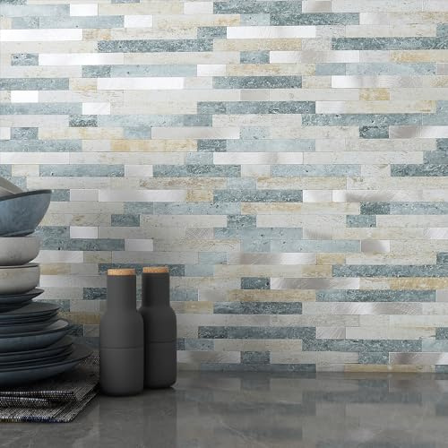 MOFIT 3D Stone Brick Backsplash Tile for Kitchen Peel and Stick Self-Adhesive Wall Tile,Marble Linear Mosaic Tiles Stickers Bathroom Wall Panels Fireplace Vanity (Blue Green Gray,10sheets)