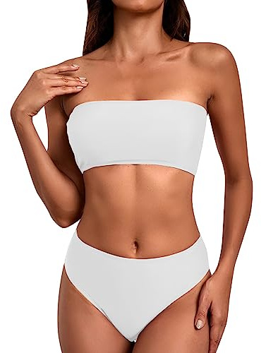 Tan Through Swimwear Women Bikini with Shorts Up Sexy Bikini Swimsuit Tan Through Bikini Bandeau Bikini Sets for Women (White, M)