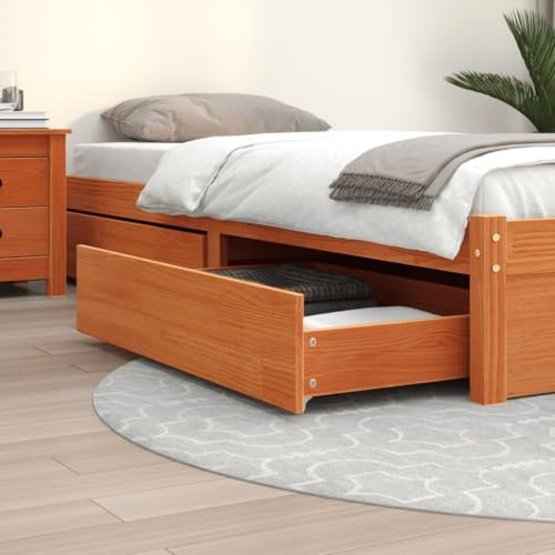 ShGaxin Lot de 4 tiroirs de lit en bois massif de pin marron cire, boîte de rangement pour vêtements, chaussures, boîtes de rangement - 847166