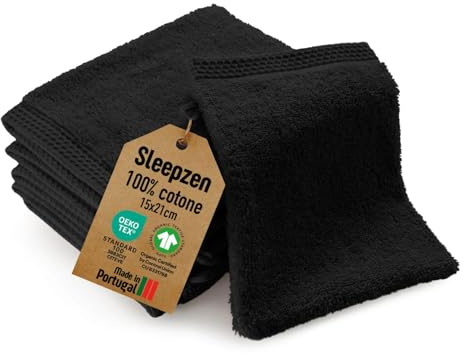 SLEEPZEN - Lot Gant de Toilette Coton Bio (Lot de 6 - Noir) Certifié GOTS - 500 g/m² Certifié Oeko-Tex - Gants de Toilette Ultra-Absorbant - Extra Doux - Fabriqué au Portugal