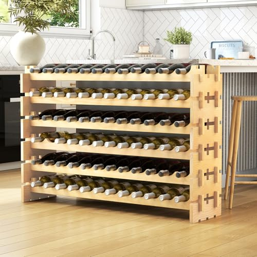 GIANTEX Weinregal Stapelbar Holz, Flaschenregal für 72 Flaschen, Weinschrank Weinständer mit 6 Ebenen, Flaschenständer Modular für Küche Bar, Holzregal 120 x 29 x 79 cm, Naturholzfarbe
