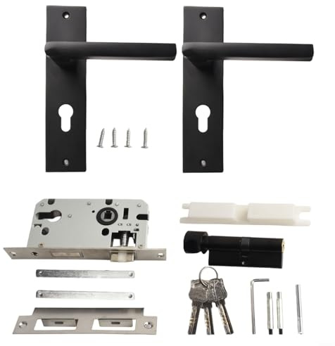 Juego de cerradura de embutir negra para puertas de madera con llave, manija de palanca reversible para instalación a mano izquierda o derecha, mecanismo de bloqueo de puerta silencioso y anticolisión
