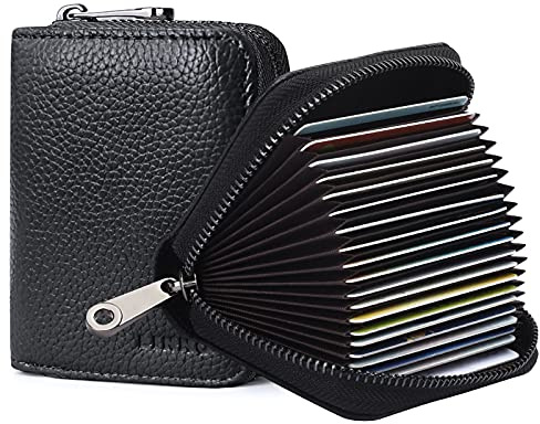 Linno RFID 20 Slots Credit Card Holder Genuine Leather Small Wallet for Women or Men with Zipper