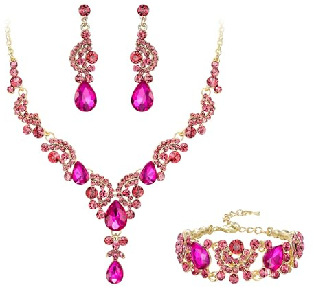 EVER FAITH Conjunto de Joyas de Cristal Nupcial Art Deco Floral Collar de lágrima de Pendientes y Pulsera Tono Dorado Fucsia