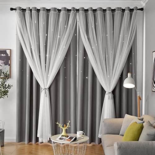 Loyala Star Blackout Double Layer Curtains - Cute Kids Bedroom & Nursery Curtains, 63 Inch Length, 2 Panels, Grey